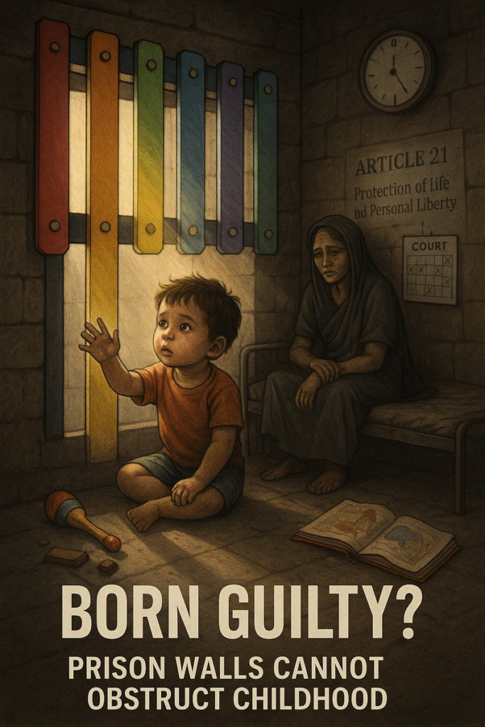 A young child sits on the floor of a dim prison cell, reaching toward sunlight streaming through rainbow-colored bars shaped like a xylophone. Behind him, his sorrowful mother sits on a bed. The wall bears a clock, a court calendar, and the inscription "Article 21 – Protection of Life and Personal Liberty." Scattered around are a broken toy and an open book with a world map. The caption below reads: “Born Guilty? Prison Walls Cannot Obstruct Childhood.”
